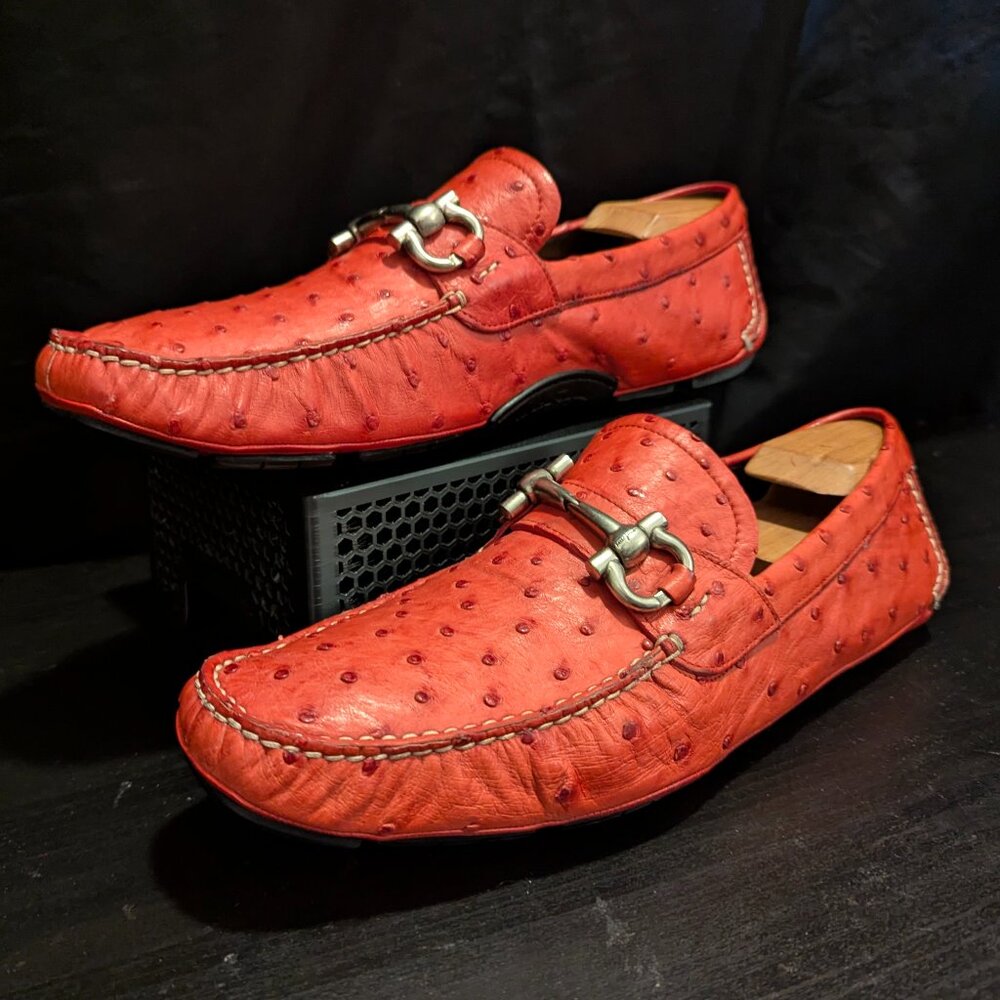 Salvatore Ferragamo Red Ostrich Leather Parigi Driving Loafers US 11 D No Box
